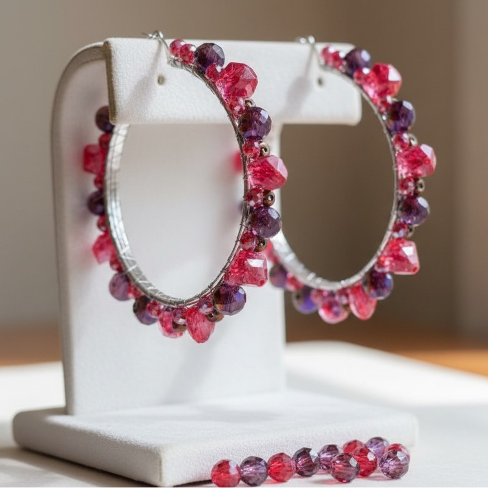Vibrant Pink and Purple Beaded Hoop Earrings